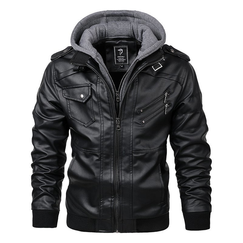 Autumn Men'S Motorcycle Leather Jacket Pu Fashion European Size Slim-Fit Detachable Knitted Hat Leather Jacket Men - Image 3
