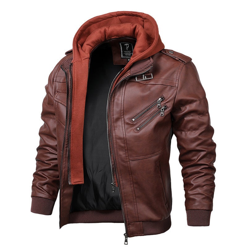 Autumn Men'S Motorcycle Leather Jacket Pu Fashion European Size Slim-Fit Detachable Knitted Hat Leather Jacket Men - Image 4