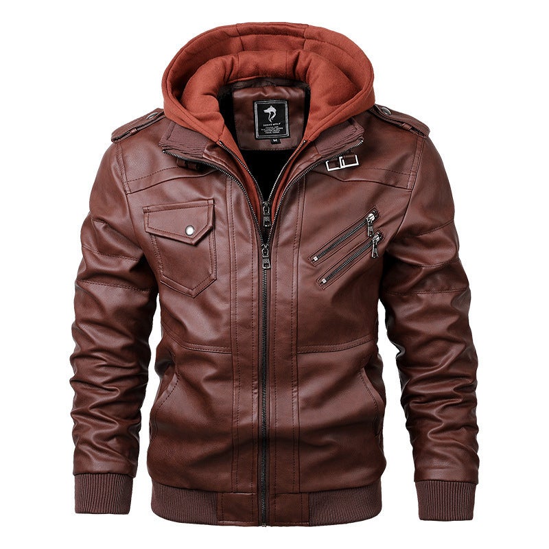 Autumn Men'S Motorcycle Leather Jacket Pu Fashion European Size Slim-Fit Detachable Knitted Hat Leather Jacket Men - Image 2