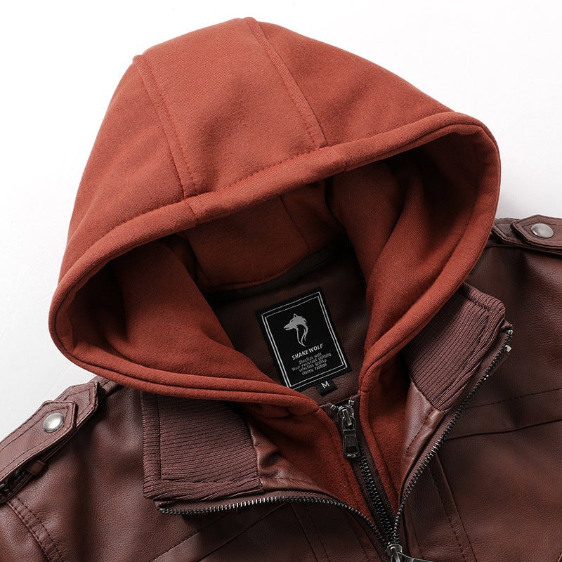 Autumn Men'S Motorcycle Leather Jacket Pu Fashion European Size Slim-Fit Detachable Knitted Hat Leather Jacket Men - Image 5