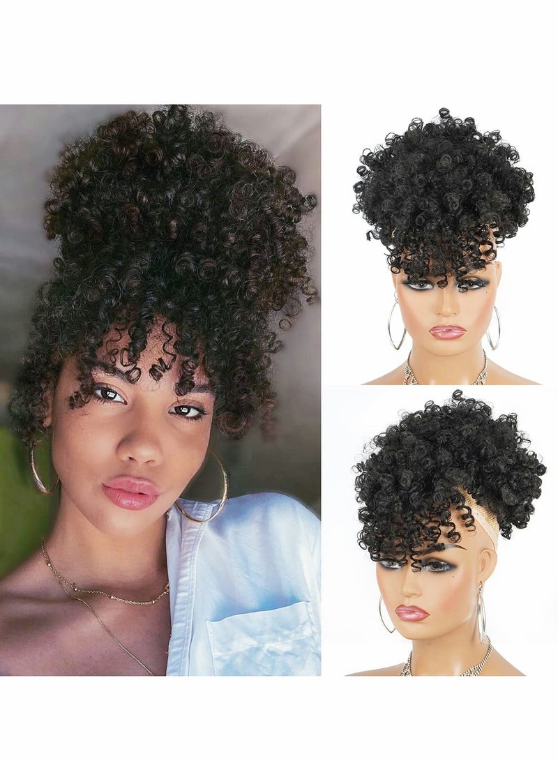 SOLARAE Afro Puff Wig, Drawstring Black Fluffy Ponytail with Bangs Pineapple Updo Hair for Women, Short Kinky Curly Ponytail Bun - Image 1