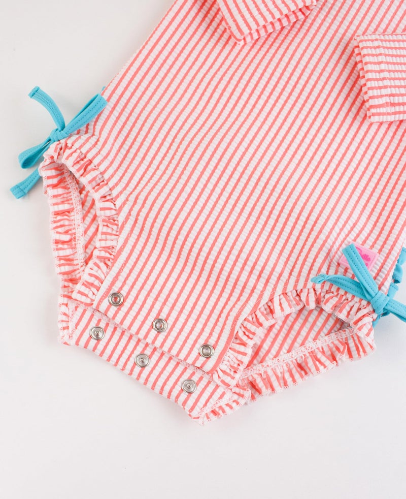 RuffleButts Coral Seersucker Long Sleeve One Piece Rash Guard - 3-6m - Image 4