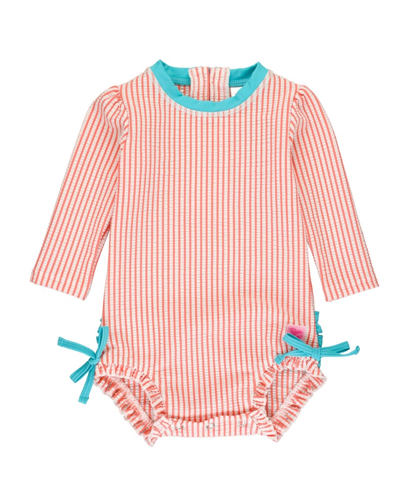 RuffleButts Coral Seersucker Long Sleeve One Piece Rash Guard - 3-6m - Image 1