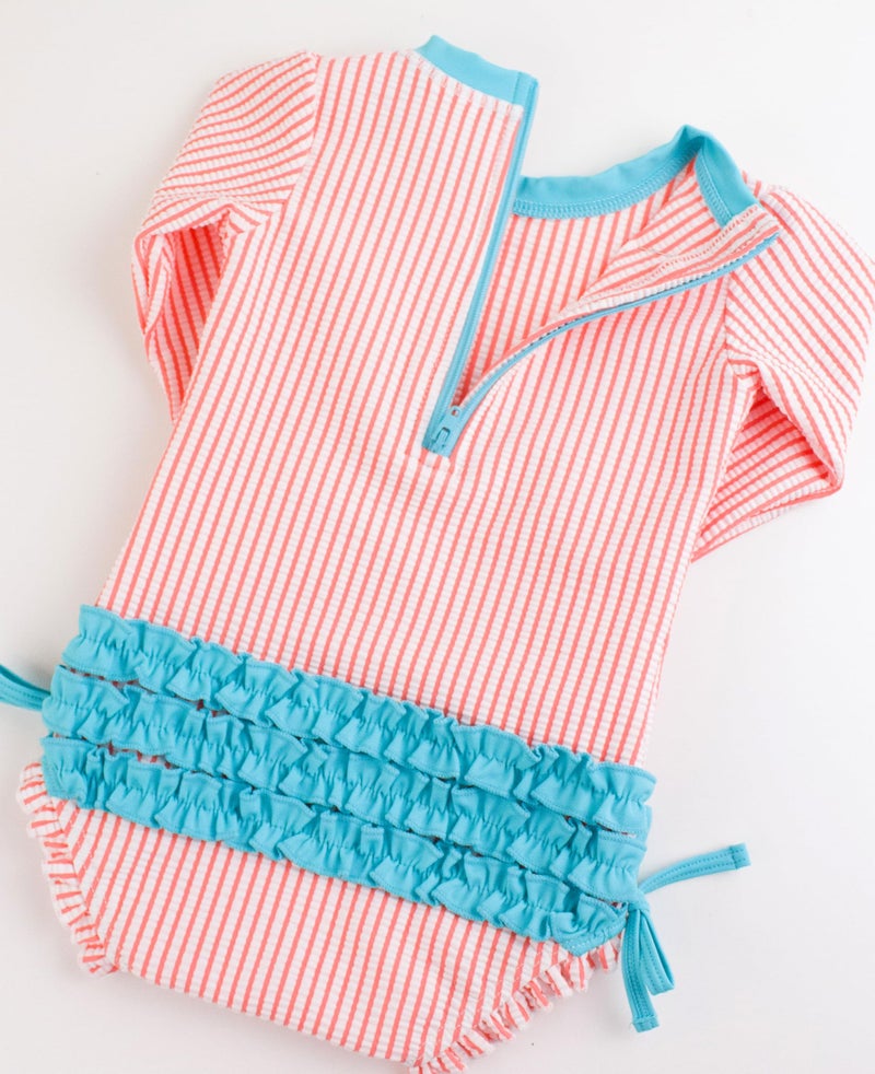 RuffleButts Coral Seersucker Long Sleeve One Piece Rash Guard - 3-6m - Image 5