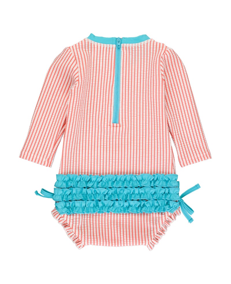 RuffleButts Coral Seersucker Long Sleeve One Piece Rash Guard - 3-6m - Image 3
