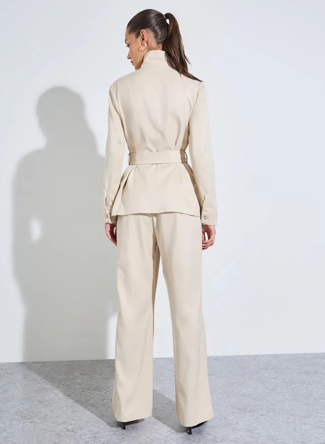 Styli  Beige Belted Shirt and Wide Leg Pants Co-ords for Women | Best Price UAE
