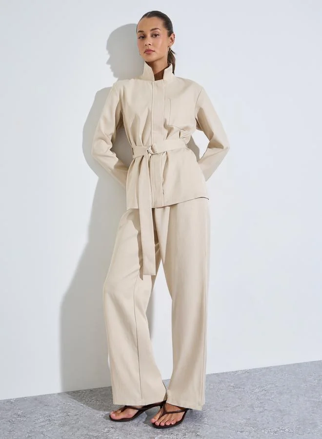 Beige Belted Shirt and Wide Leg Pants Co-ords