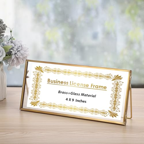 JUXYES Tabletop Business License Frame Brass License Certificate Display Frame, Double Glass Floating Diploma Frames, Desktop Golden Graduation Frames for 4x9 and 3.5x8.5 Certificate Business - Image 4