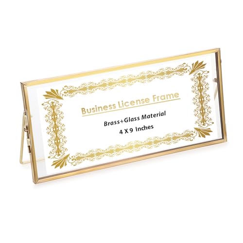 JUXYES Tabletop Business License Frame Brass License Certificate Display Frame, Double Glass Floating Diploma Frames, Desktop Golden Graduation Frames for 4x9 and 3.5x8.5 Certificate Business - Image 1