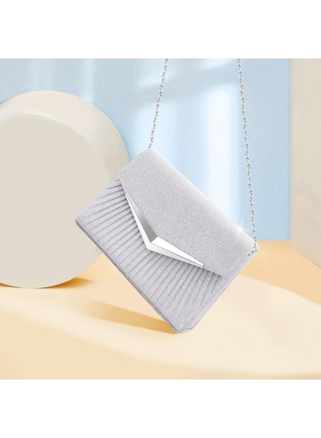 Larcenciel Women's Evening Handbags, Sparkly Pleated Silver Evening Purse with Metal Chain, Elegant Sequins Clutch Purses For Wedding Guest Formal Cocktail Prom Party Disco Club, 8.3x2.1x5.3inches - Image 1