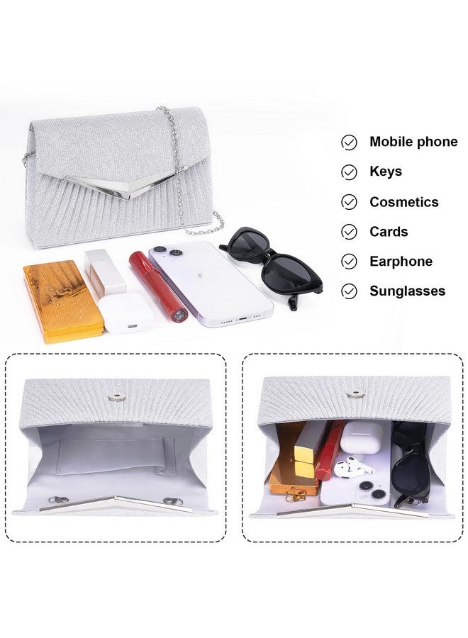 Larcenciel Women's Evening Handbags, Sparkly Pleated Silver Evening Purse with Metal Chain, Elegant Sequins Clutch Purses For Wedding Guest Formal Cocktail Prom Party Disco Club, 8.3x2.1x5.3inches - Image 4