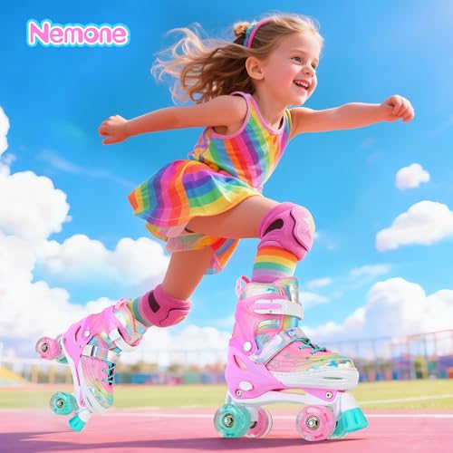 NEMONE Unicorn 4 Size Adjustable Light up Roller Skates for Girls, Pink Skates for Toddlers, Beginner Kids Roller Skates Indoor Outdoor (Unicorn S NEW) - Image 5