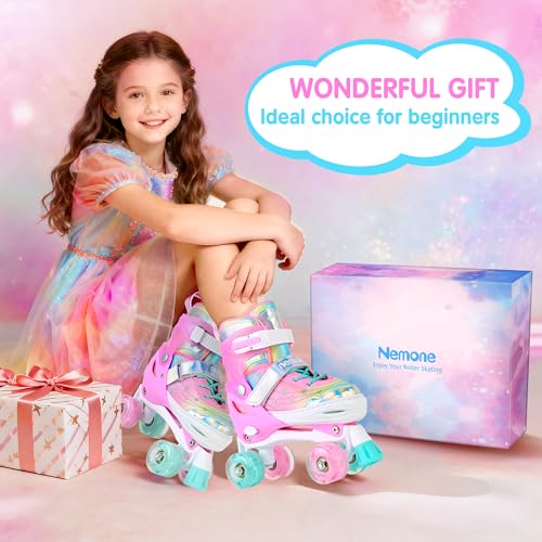 NEMONE Unicorn 4 Size Adjustable Light up Roller Skates for Girls, Pink Skates for Toddlers, Beginner Kids Roller Skates Indoor Outdoor (Unicorn S NEW) - Image 3