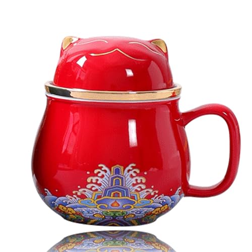 DEARART Tea Cup with Strainer Infuser and Lid Cute Design Tea Mug Chinese Porcelain Personal Tea Cup 108oz 300ml Red - Image 1