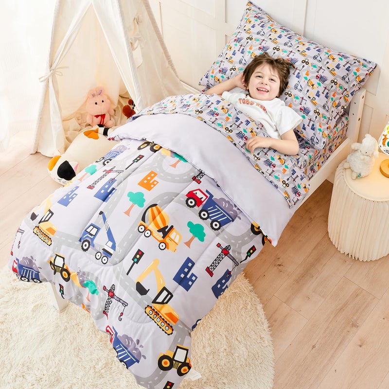 lasoftan Construction Toddler Bedding Set for Boys, 4 Piece Bed-in-a-Bag Toddler Comforter Sets, Excavator, Cars Printed, Super Soft and Comfortable Microfiber Todeeler Bed Set - Image 5