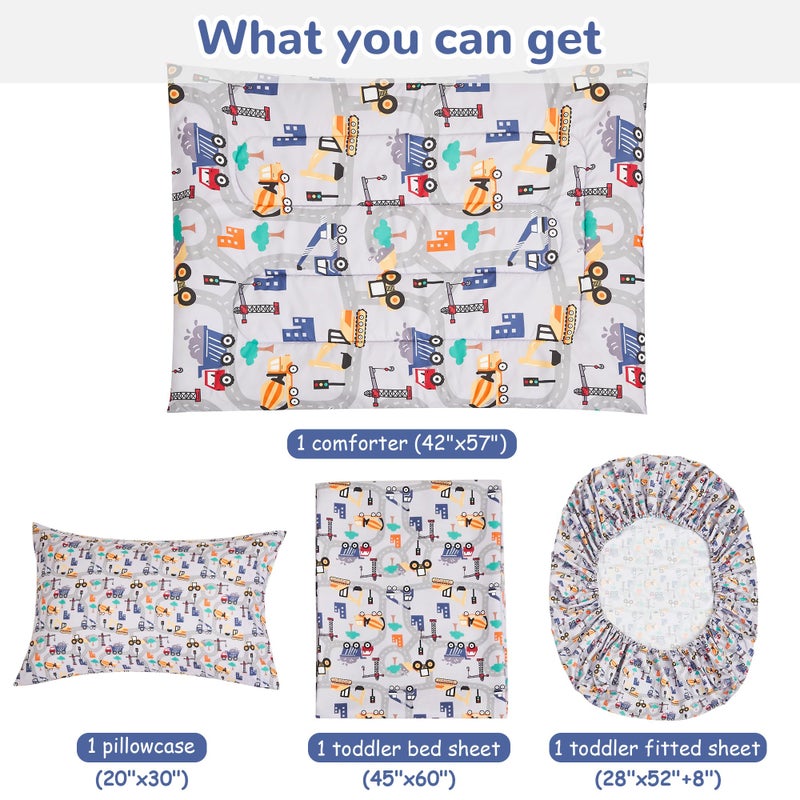 lasoftan Construction Toddler Bedding Set for Boys, 4 Piece Bed-in-a-Bag Toddler Comforter Sets, Excavator, Cars Printed, Super Soft and Comfortable Microfiber Todeeler Bed Set - Image 4