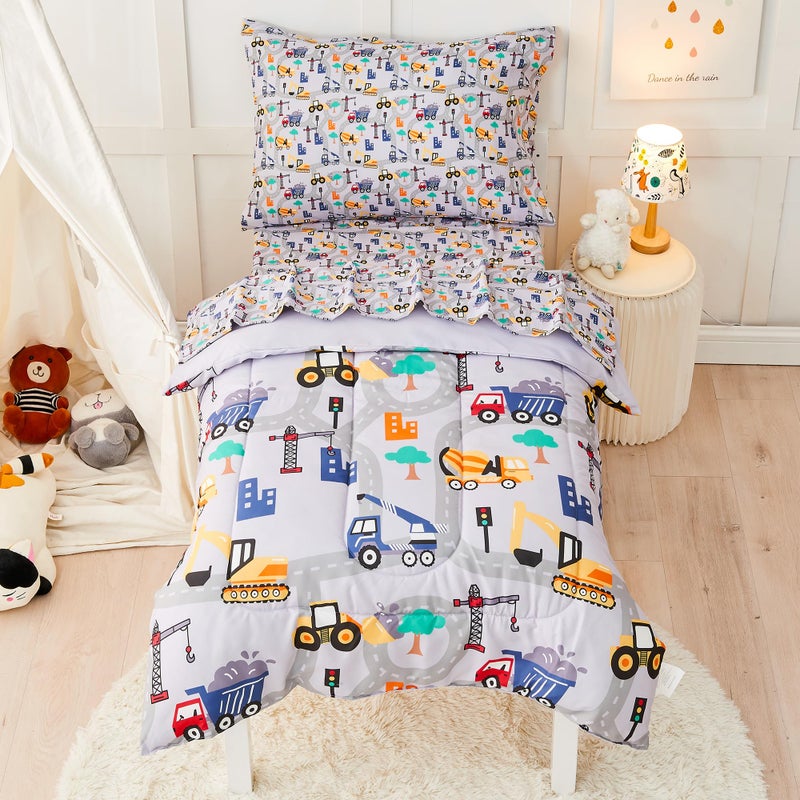 lasoftan Construction Toddler Bedding Set for Boys, 4 Piece Bed-in-a-Bag Toddler Comforter Sets, Excavator, Cars Printed, Super Soft and Comfortable Microfiber Todeeler Bed Set - Image 1
