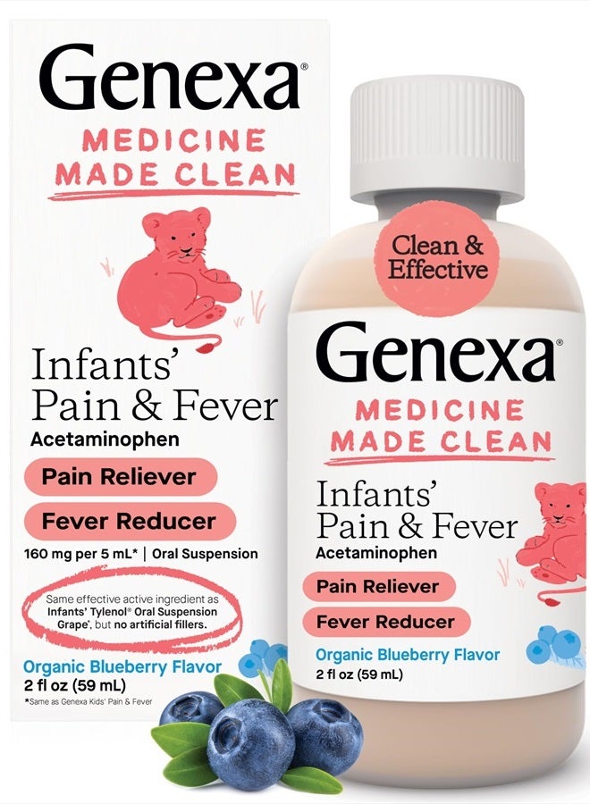 Genexa Infants' Pain and Fever Reducer | Baby Acetaminophen, Dye Free, Liquid Oral Suspension Medicine for Infant | Delicious Organic Blueberry Flavor | 160 mg per 5mL | 2 Fluid Ounces - Image 1