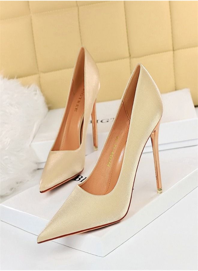 BIGTREE Satin Shallow Cut Pointed High Heel 10.5CM Beige 