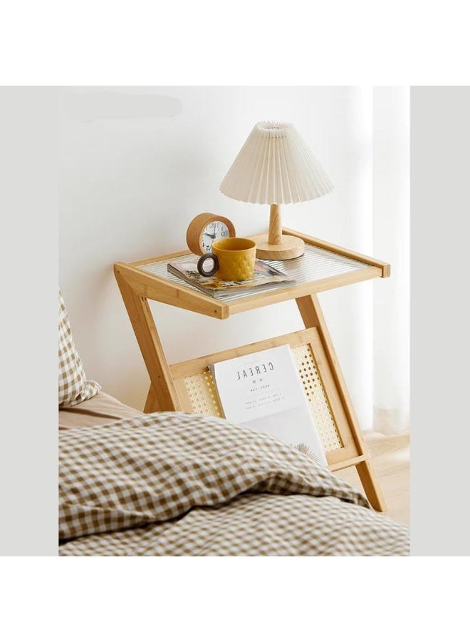 LINGWEI Bamboo End Table with Rattan-Style Storage & Corrugated Glass Top Beige 50x56x36cm - Image 4