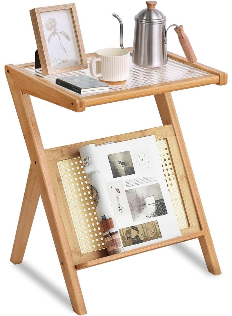LINGWEI Bamboo End Table with Rattan-Style Storage & Corrugated Glass Top Beige 50x56x36cm - Image 5