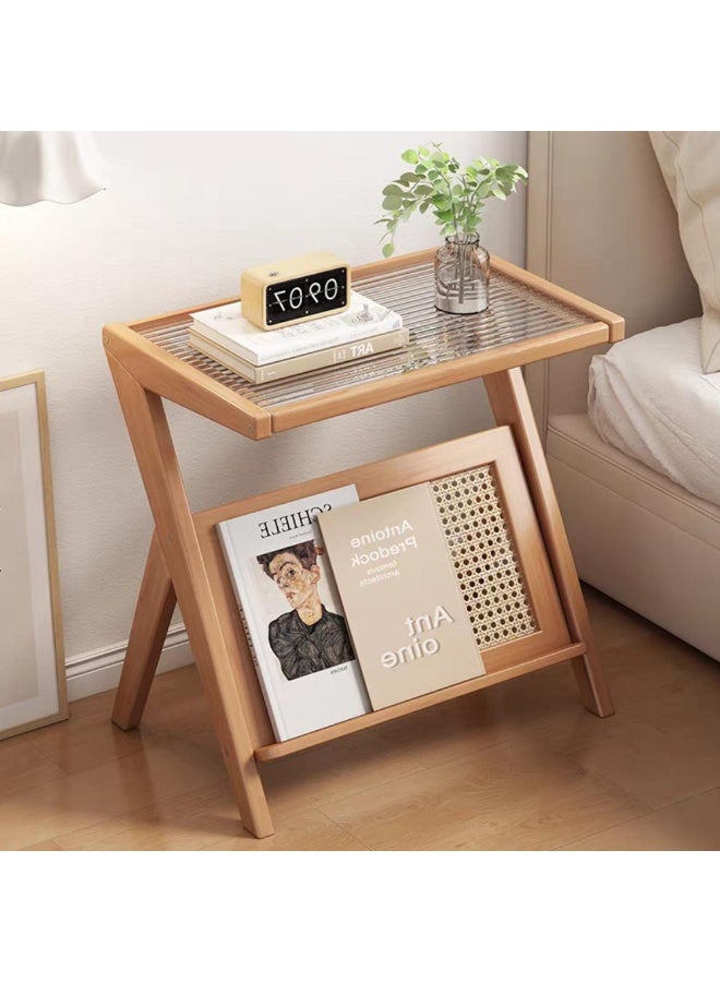 LINGWEI Bamboo End Table with Rattan-Style Storage & Corrugated Glass Top Beige 50x56x36cm - Image 1