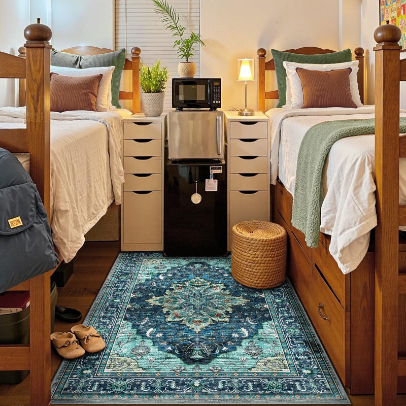 RELEANY Area Rugs 4'x6' Washable Non-Slip  Floral Vintage Distress Print Pattern Medallion Carpet for Living Room Bedroom Dining Room  Teal Green Lake Blue Turquoise - Image 3