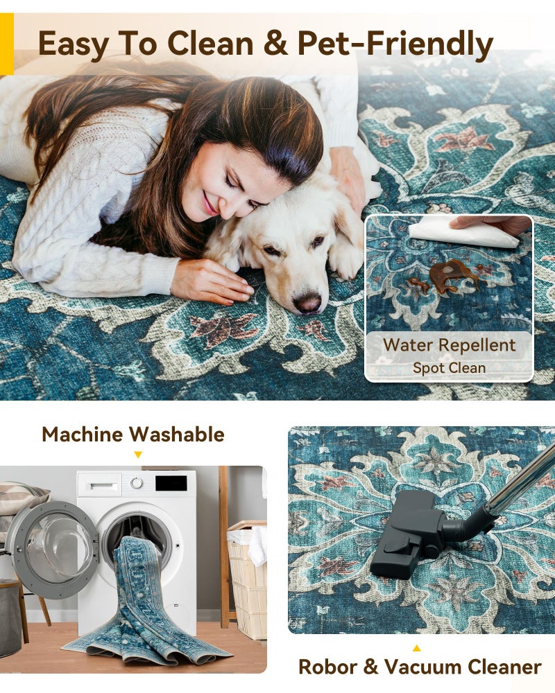 RELEANY Area Rugs 4'x6' Washable Non-Slip  Floral Vintage Distress Print Pattern Medallion Carpet for Living Room Bedroom Dining Room  Teal Green Lake Blue Turquoise - Image 4