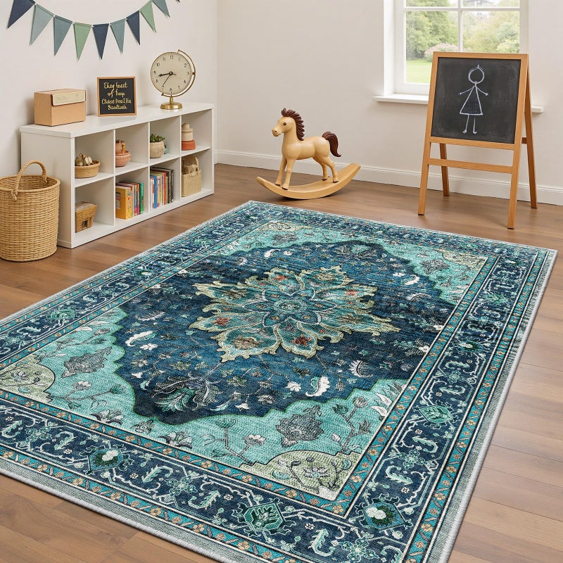 RELEANY Area Rugs 4'x6' Washable Non-Slip  Floral Vintage Distress Print Pattern Medallion Carpet for Living Room Bedroom Dining Room  Teal Green Lake Blue Turquoise - Image 2