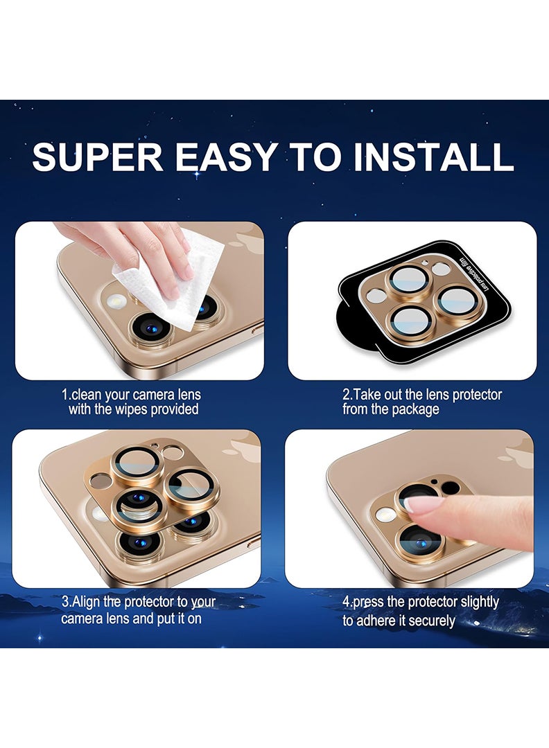 Theodor iPhone 13 Pro Max/ 13 Pro  Camera Lens Protector With 9H Tempered Glass Camera Ring Anti Scratch Metal Plate [Drop Protection], Case Friendly Camera Cover, Gold - Image 4