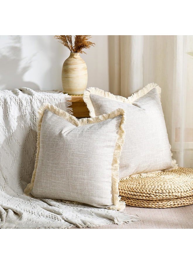 Daptsy Faux Linen Fringe Decorative Throw Pillow Covers 18x18 Inch Set of 2 Beige Burlap Boho Farmhouse Pillowcases with Tassels Rustic Woven Textured Cushion Cases for Sofa Bed Living Room Home Decor - Image 2
