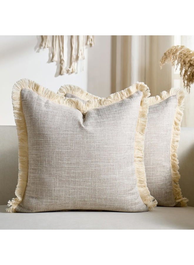 Daptsy Faux Linen Fringe Decorative Throw Pillow Covers 18x18 Inch Set of 2 Beige Burlap Boho Farmhouse Pillowcases with Tassels Rustic Woven Textured Cushion Cases for Sofa Bed Living Room Home Decor - Image 1