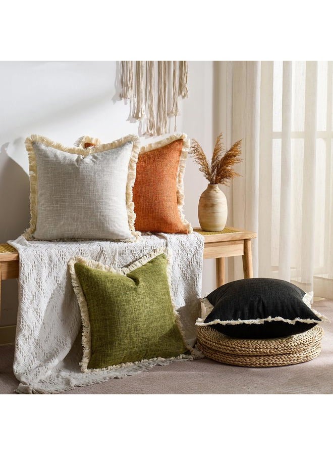 Daptsy Faux Linen Fringe Decorative Throw Pillow Covers 18x18 Inch Set of 2 Beige Burlap Boho Farmhouse Pillowcases with Tassels Rustic Woven Textured Cushion Cases for Sofa Bed Living Room Home Decor - Image 5