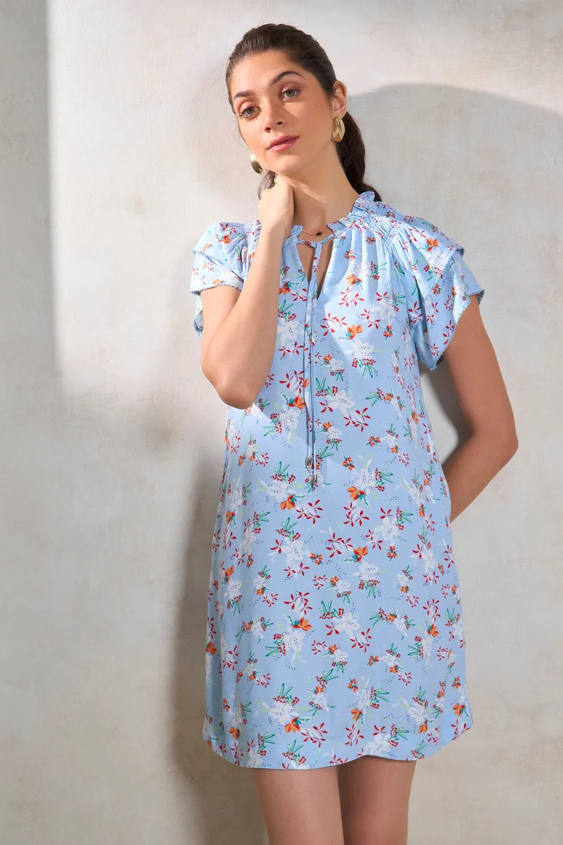 فيرجيو Viscose Floral Workwear  Sky Batwing Shift Dresses for Women