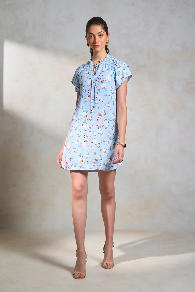 فيرجيو Viscose Floral Workwear  Sky Batwing Shift Dresses for Women