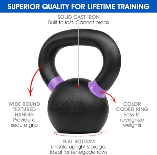 Yes4All  kettlebell مطلي بالبودرة Yes4All، 13 رطل نواة حديدية مصبوبة مع مقبض غير قابل للانزلاق وقاعدة مسطحة للتكييف، متين لتدريب القوة - زوج، بنفسجي - Image 3
