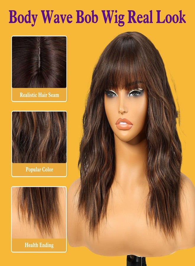 KOME Short Curly Bob Wig with Bangs,Brown Highlight Synthetic Wigs for Women 18IN - Image 3