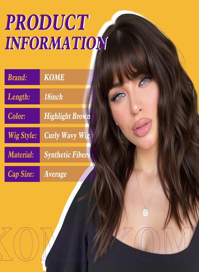 KOME Short Curly Bob Wig with Bangs,Brown Highlight Synthetic Wigs for Women 18IN - Image 2