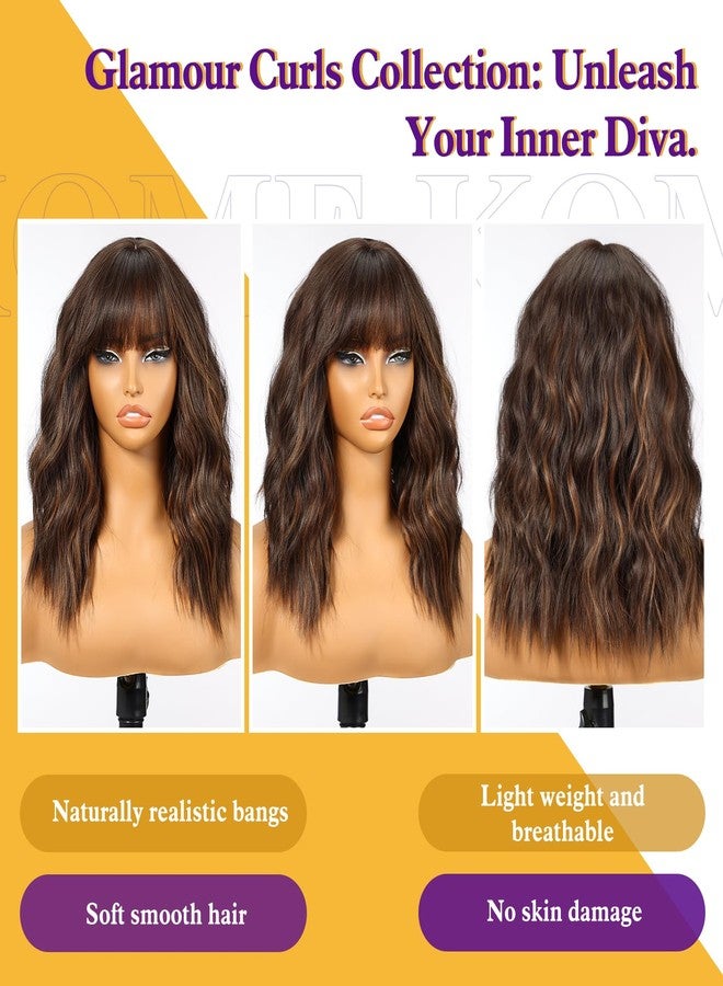KOME Short Curly Bob Wig with Bangs,Brown Highlight Synthetic Wigs for Women 18IN - Image 5