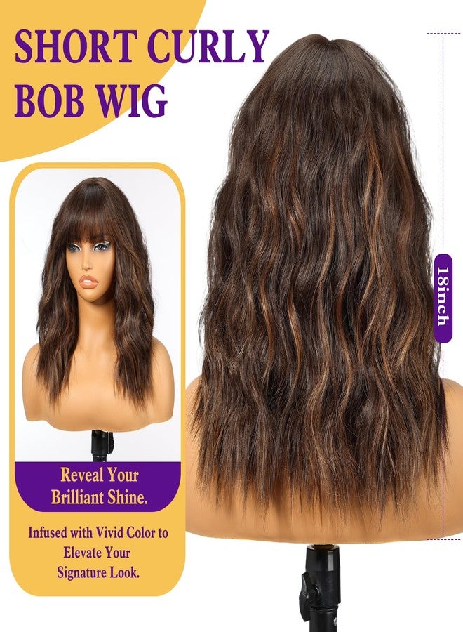 KOME Short Curly Bob Wig with Bangs,Brown Highlight Synthetic Wigs for Women 18IN - Image 4