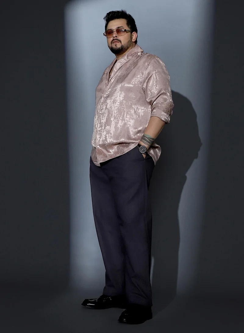 Instafab Plus Instafab Plus Men Droplet-Jacquard Satin Shirt | One Piece Collar , Long Cuffed Sleeves | Button Closure , Straight Hem | Abstract Jacquard | Woven Fabric For Party & Evening Wear | Light Khaki