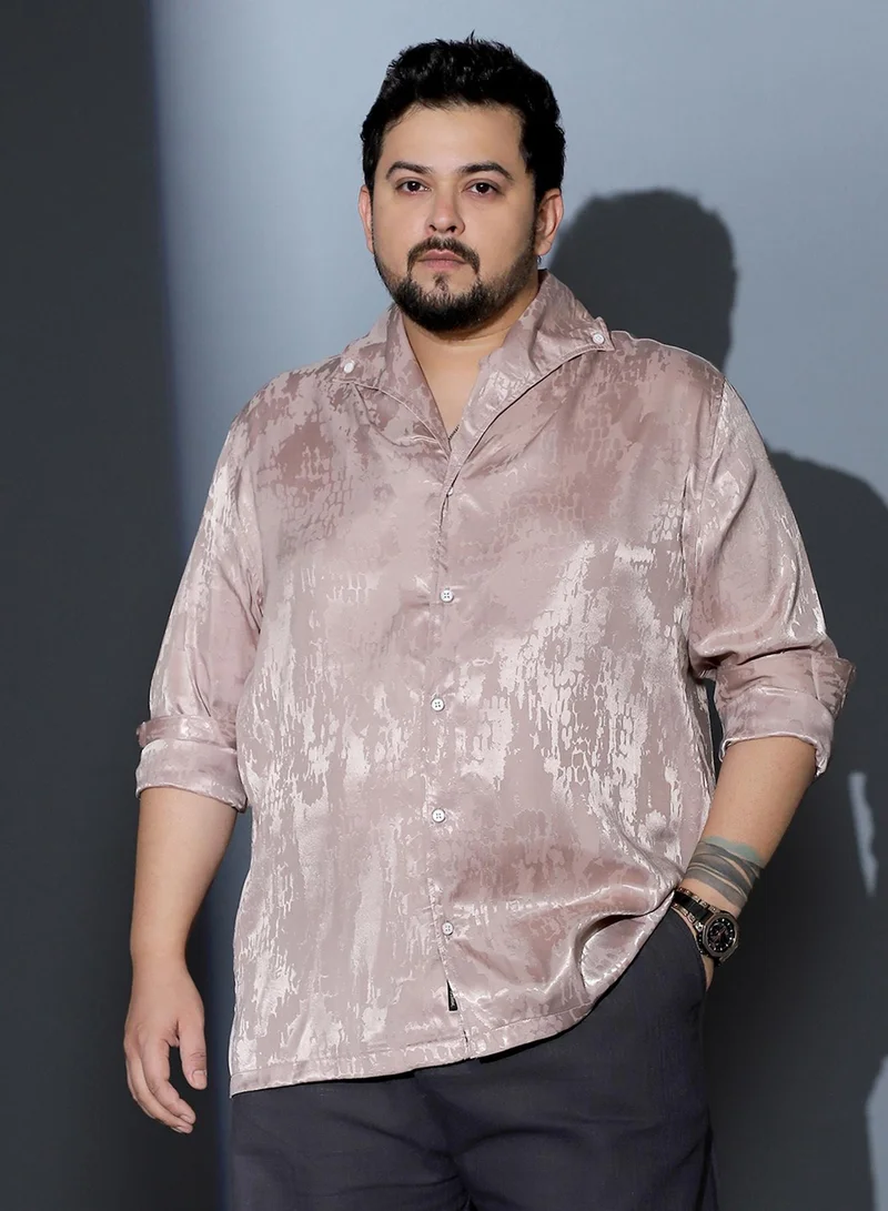 انستافاب بلس Instafab Plus Men Droplet-Jacquard Satin Shirt | One Piece Collar , Long Cuffed Sleeves | Button Closure , Straight Hem | Abstract Jacquard | Woven Fabric For Party & Evening Wear | Light Khaki