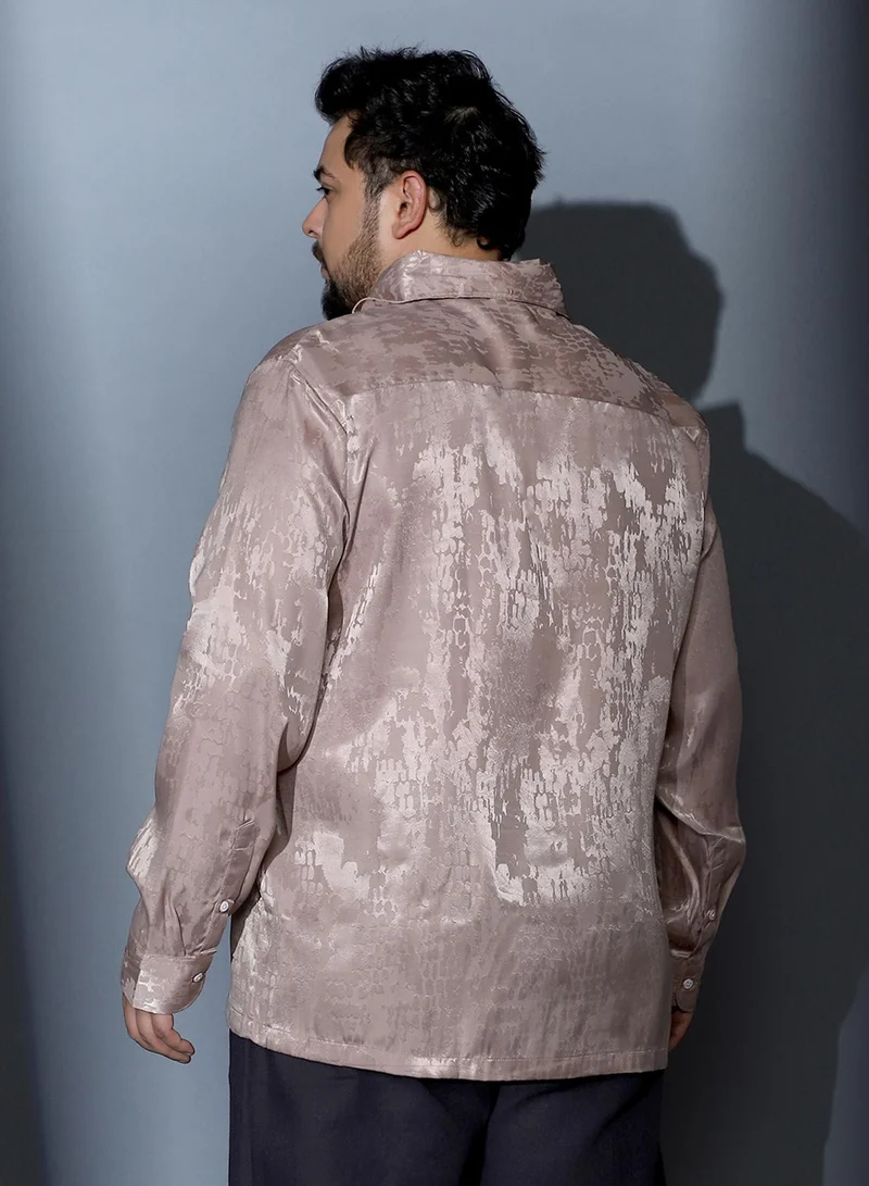 Instafab Plus Instafab Plus Men Droplet-Jacquard Satin Shirt | One Piece Collar , Long Cuffed Sleeves | Button Closure , Straight Hem | Abstract Jacquard | Woven Fabric For Party & Evening Wear | Light Khaki