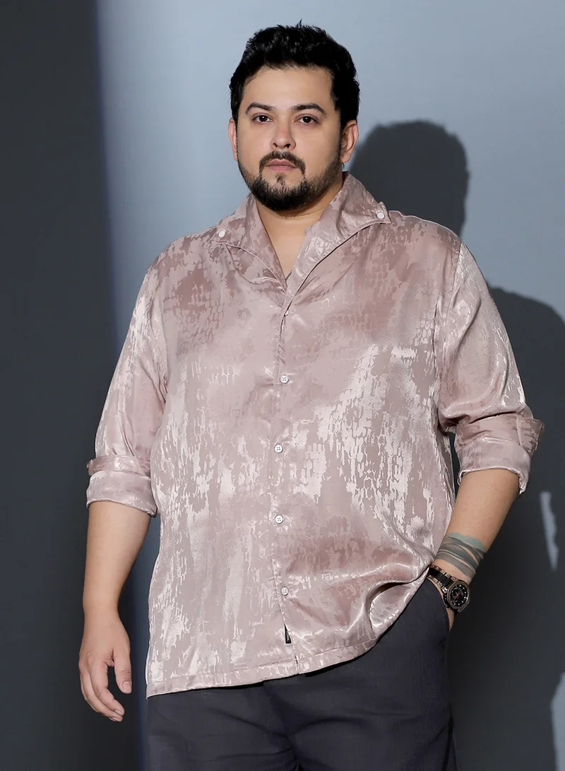 Instafab Plus Instafab Plus Men Droplet-Jacquard Satin Shirt | One Piece Collar , Long Cuffed Sleeves | Button Closure , Straight Hem | Abstract Jacquard | Woven Fabric For Party & Evening Wear | Light Khaki