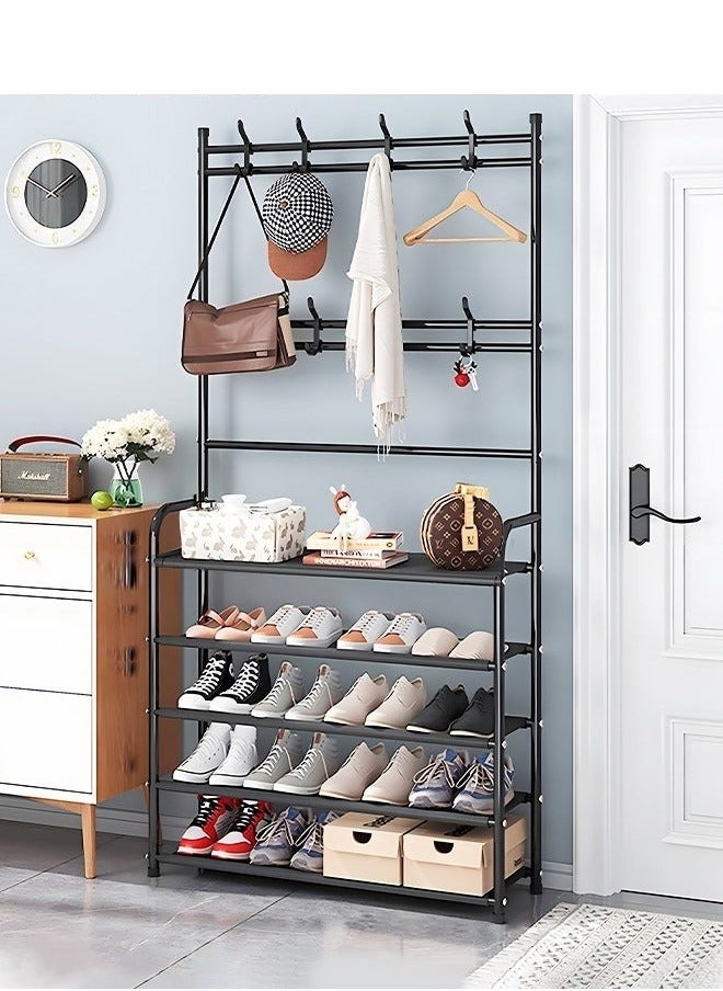 MIXDE Multifunctional 5-Tier Shoe Rack with Coat Rack and 8 Hooks - Lightweight Metal Organizer for Entryway, Bedroom, Dorm, Apartment - Space-Saving Shoe Shelf and Coat Hanger  - Image 1
