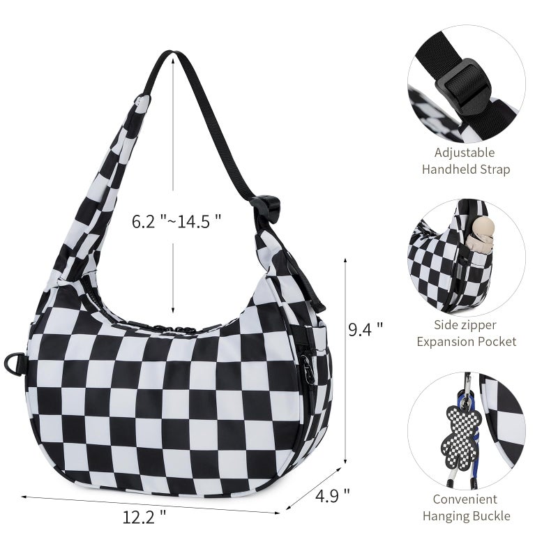FODOKO Crescent Shoulder Bag for Women Checkered Purse Small Cute Clutch Hobo Handbags Nylon Quilted - Image 3