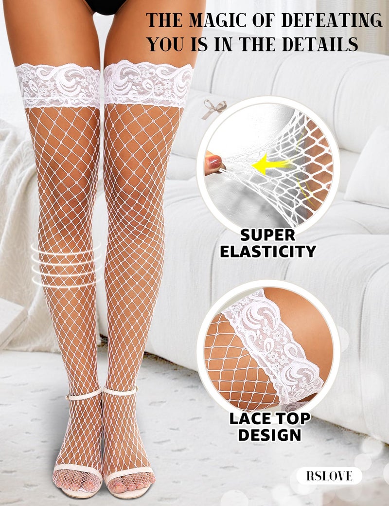 RSLOVE Women's Lace Top Fishnet Thigh-High Stockings with Antiskid Silicone Sexy Stay Up Tights Pantyhose White - Image 3