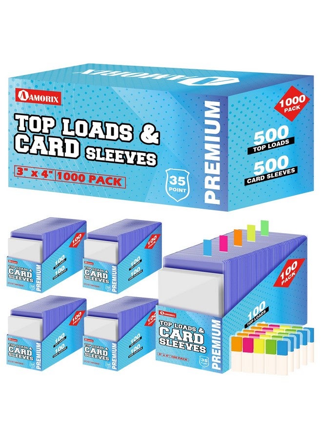 AMORIX 1000 Trading Cards Sleeves Top Loads, 3"X4" Baseball Card Protectors Hard Plastic, Toploads Binder Penny Sleeves for Sports Football Game (500 Hard Loads + 500 Soft Sleeves) - Image 1