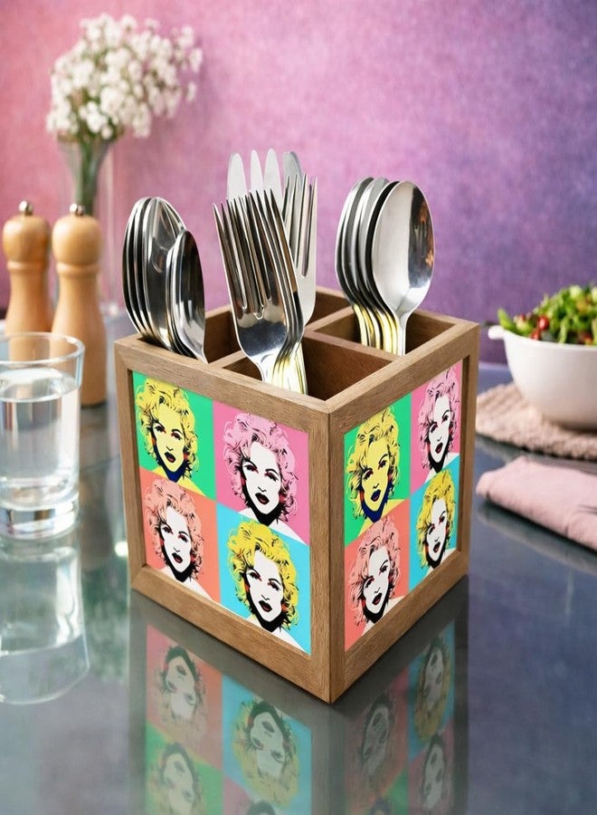 Nutcase Wooden Cutlery Stand Holder Silverware Caddy Spoons Forks Knives Organizer for Dining Table & Kitchen -Made in India-Spoons NOT Included - Girl Art - Image 2