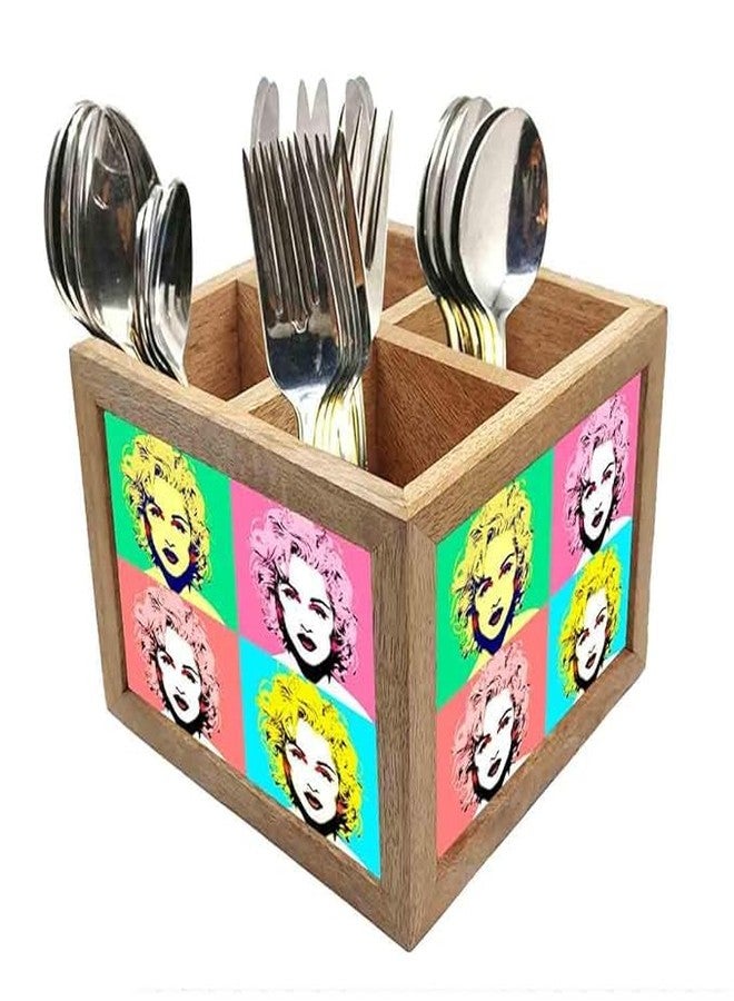 Nutcase Wooden Cutlery Stand Holder Silverware Caddy Spoons Forks Knives Organizer for Dining Table & Kitchen -Made in India-Spoons NOT Included - Girl Art - Image 5